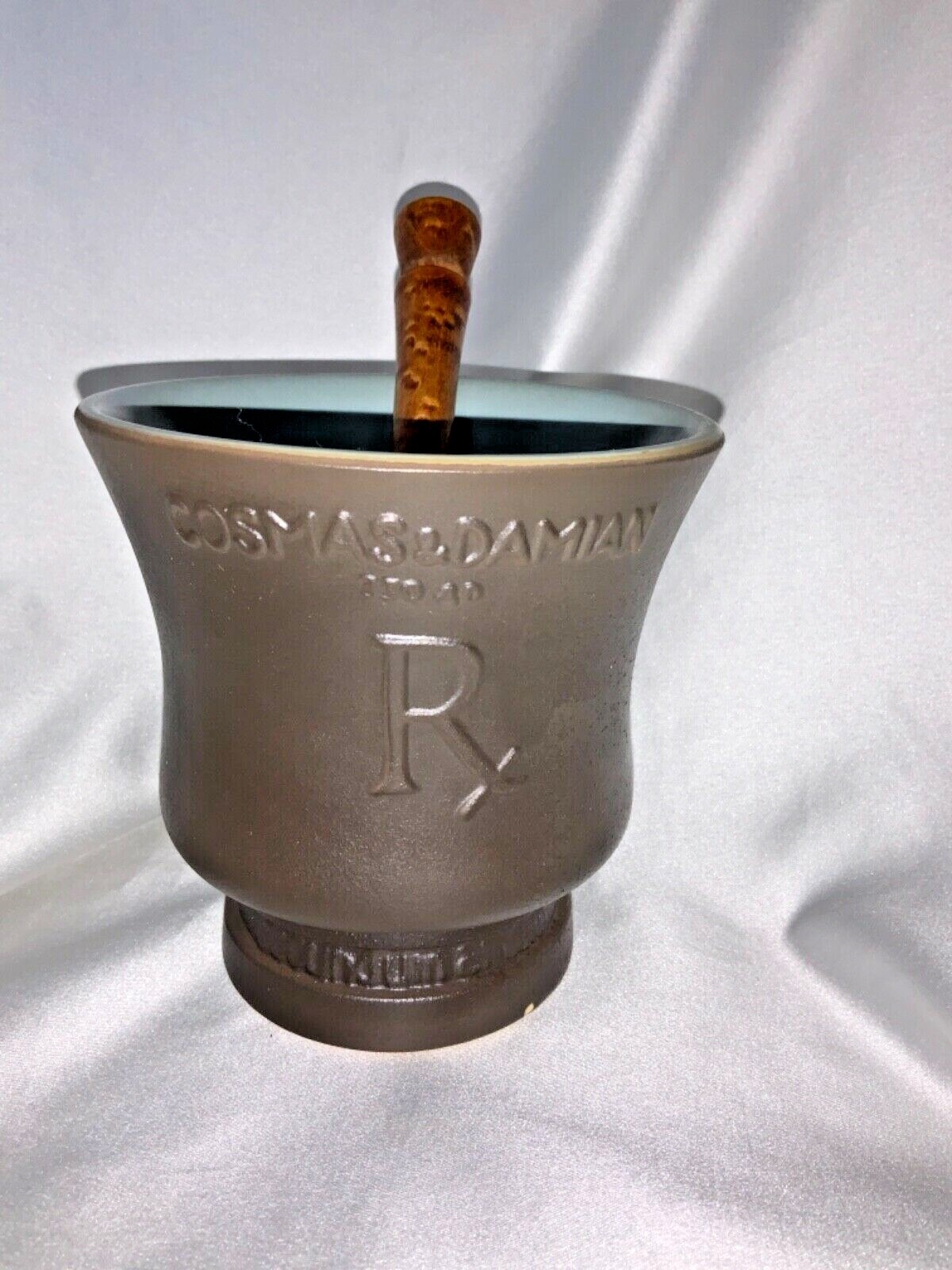 COSMAS & DAMIAN Pharmacy Motar & Pestle Porcelain RX wood Pestle CORICIDIN