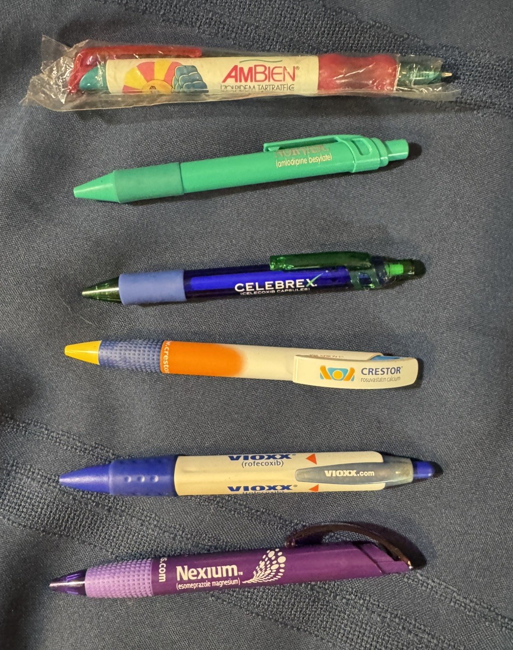 PHARMACEUTICAL PROMO PENS:Lot of 6: Ambien Celebrex Norvasc Vioxx Crestor Nexium