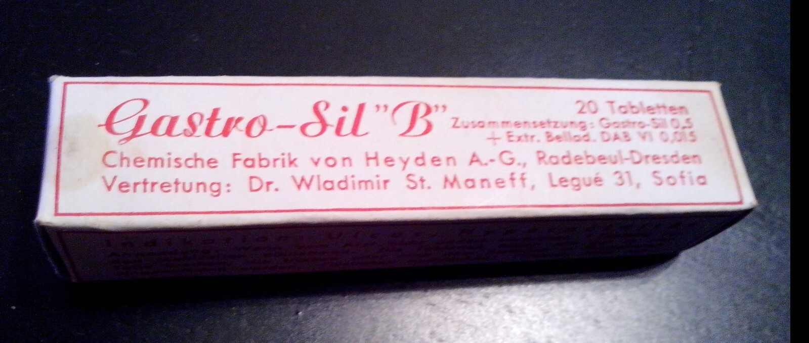ANTIQUE medical pharm.CHEM.FABRIK VON HEIDEN “Gastro-Sil B”-20 tabl.in unop.vial