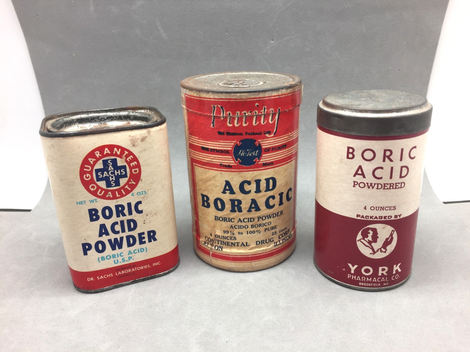 Vintage Boric Acid Box Can Lot 3 EMPTY Sachs, York, Continental Drug Alton IL
