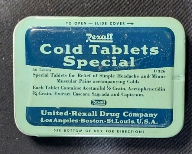 Old EMPTY Medicine Tin Rexall Cold Tablets Special United Rexall Drug Co Boston