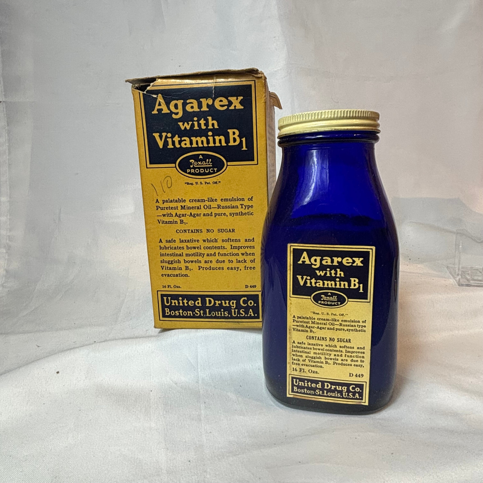 Vtg Agarex W/ Vitamin B1 16oz Cobalt Blue Bottle In Box Rexall Drug Stores