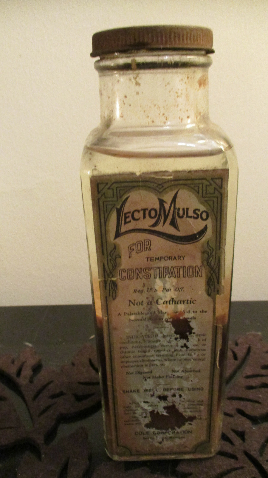 Vtg Antique COLE’S Lecto Mulso Constipation Remedy Bottle FULL CONTENTS 1pT