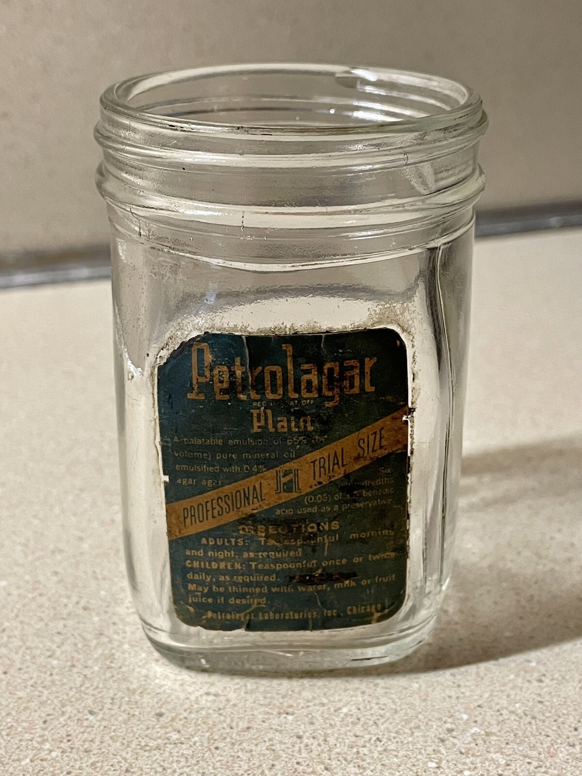 Petrolagar Laboratories Physician’s Sample Glass Jar W/ Paper Label 1940’s-50’s