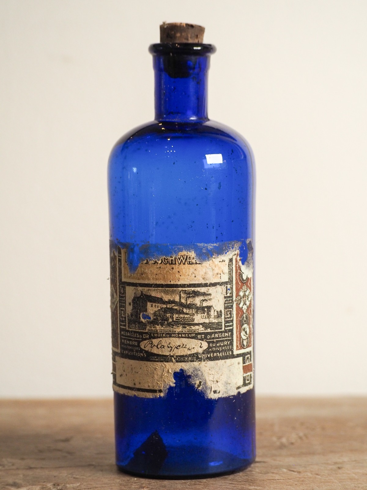 Antique Victorian Blue Bottle with Stopper and Original Label -Sold Individually