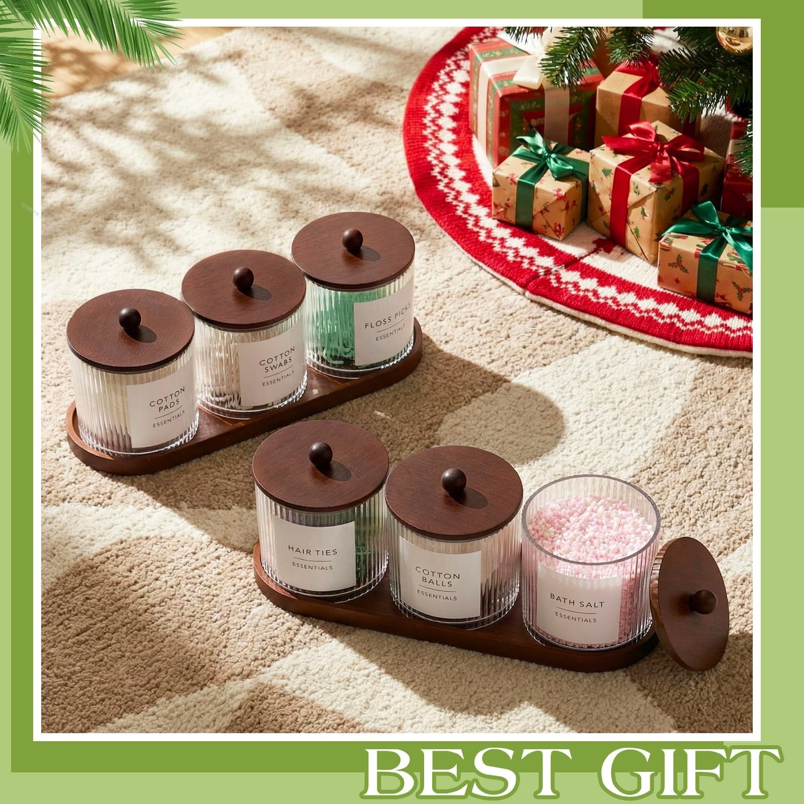 Vesici 6 Pack Bathroom Canisters Ribbed Apothecary Jars with Bamboo Lids 2 Ba…