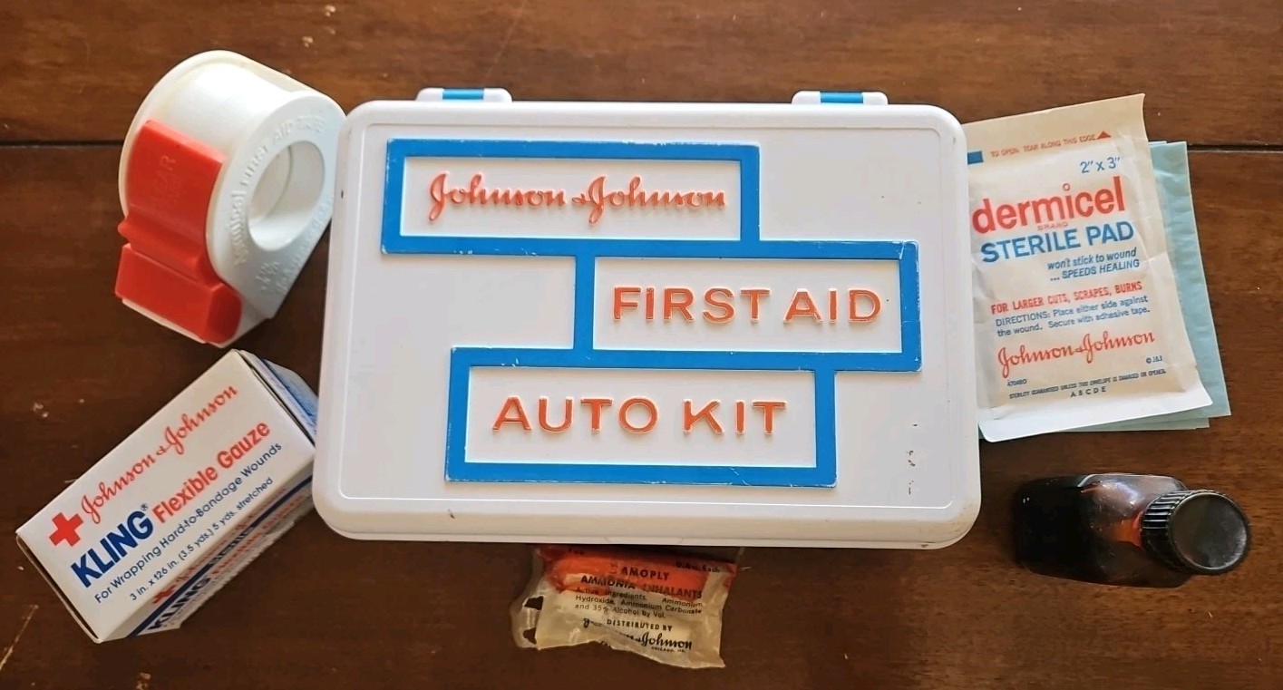 Vintage 1960s Johnson & Johnson First Aid Auto Kit Case w/ Supplies Plastic