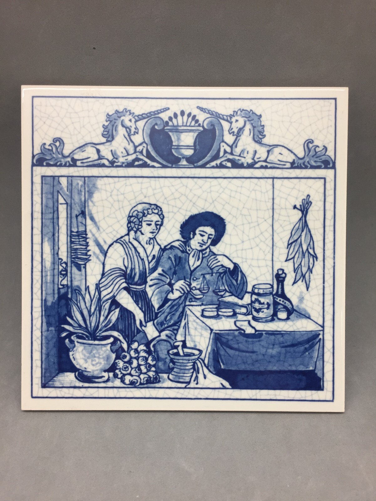 Blue Delft Schoonhaven Holland Tile Trivet Pharmacy Herbalist Burroughs Wellcome