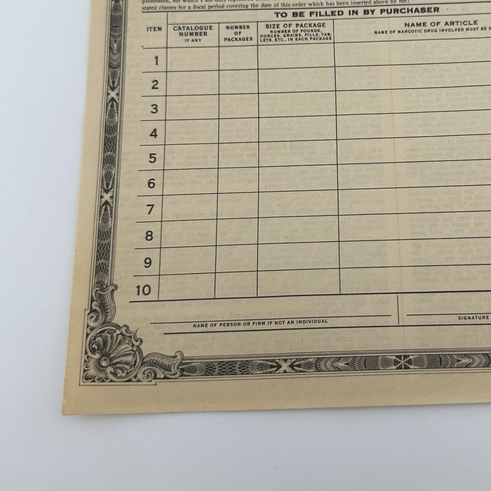 Vintage 1926 Treasury Department Opium Coca Leaves Order Form Philadelphia PA