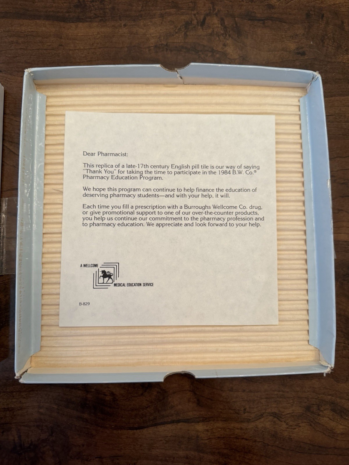 1984 Burroughs Wellcome Pharmacy Education Program Ceramic Pill Tile w/ Box
