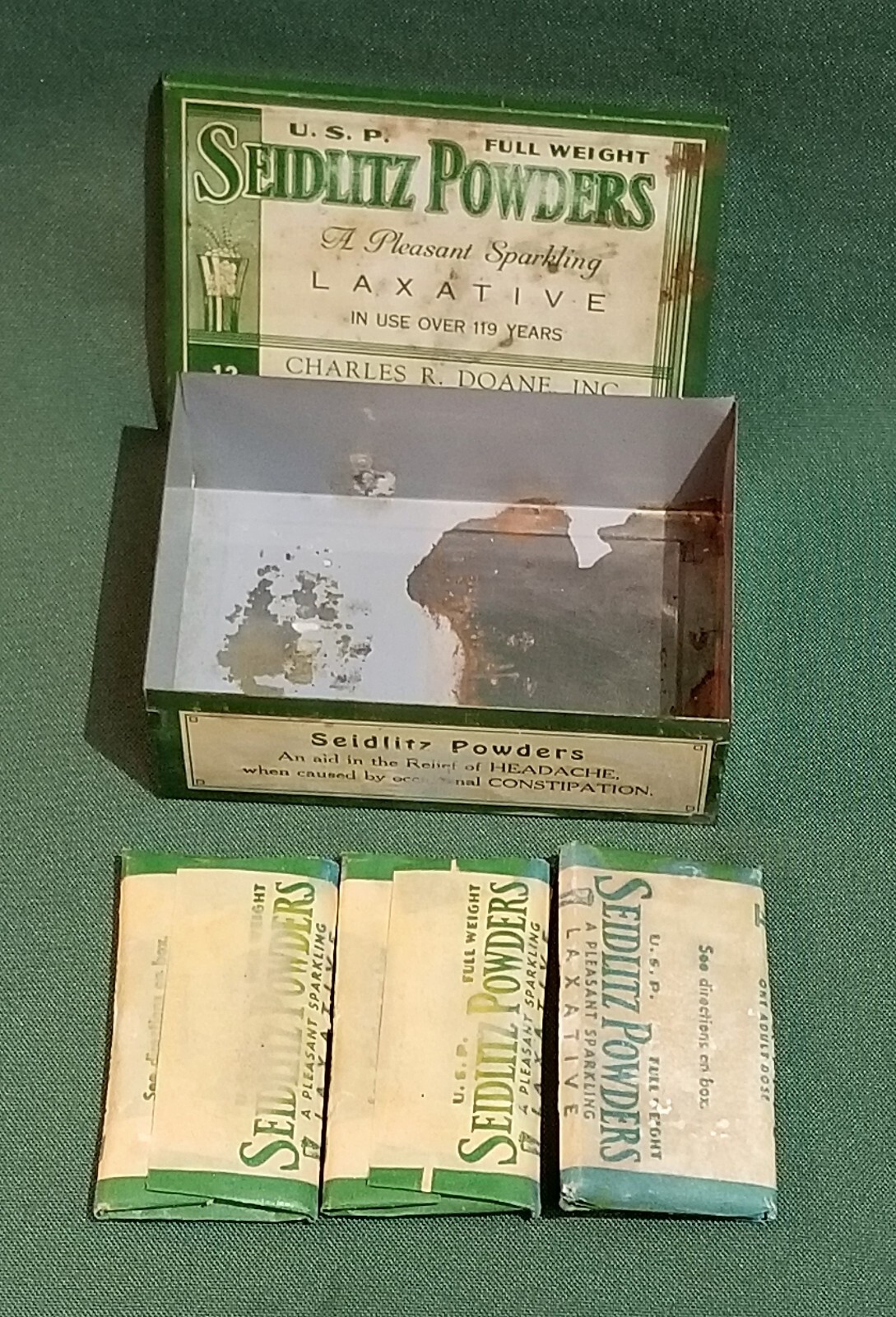 Antique Tin Seidlitz Powders Charles R Doane New York Pharmacy ad w/ packs.