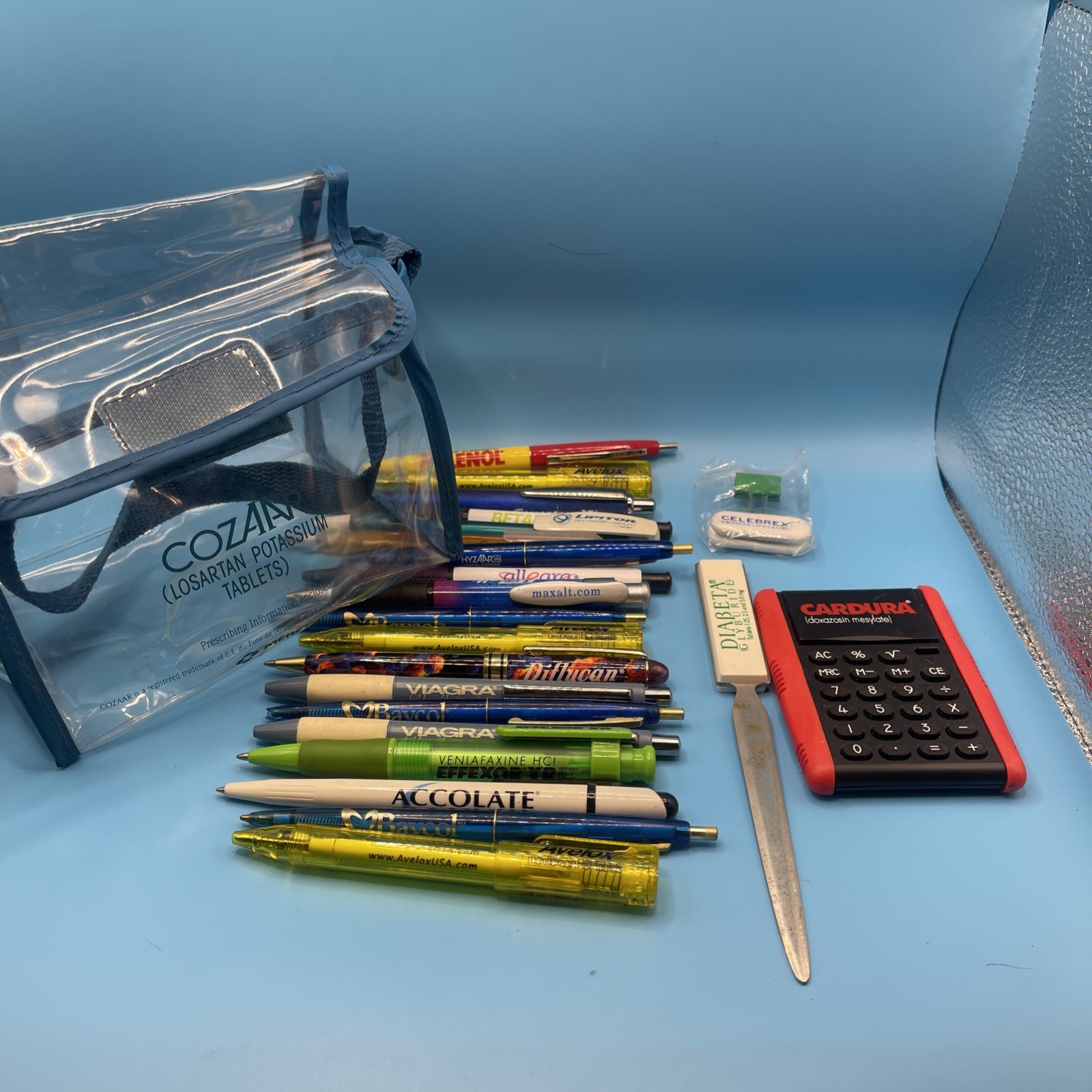Lot 23 Pharmaceutical Drug Rep Pens, Bag, Calc, Tylenol Viagra Diflucan Etc