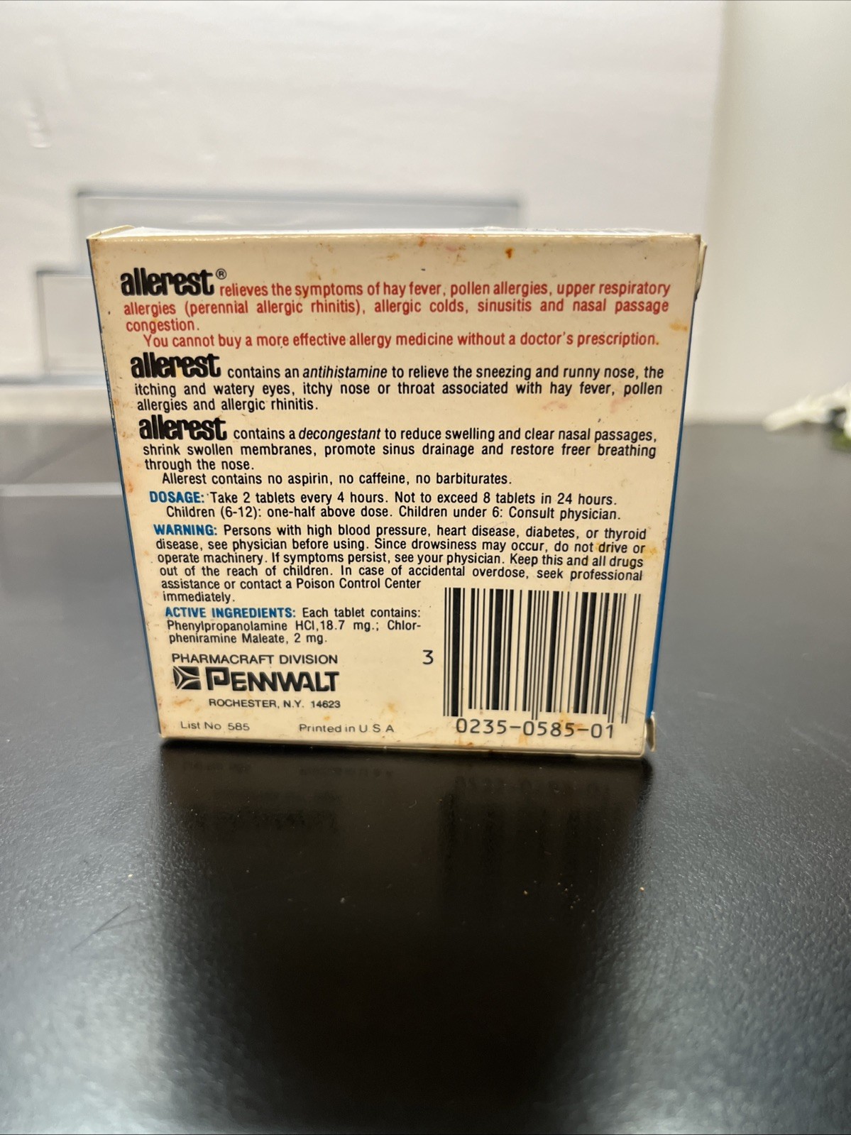 RARE vintage 1980s ALLEREST allergy medicine Empty BOX pharmaceutical medical E2