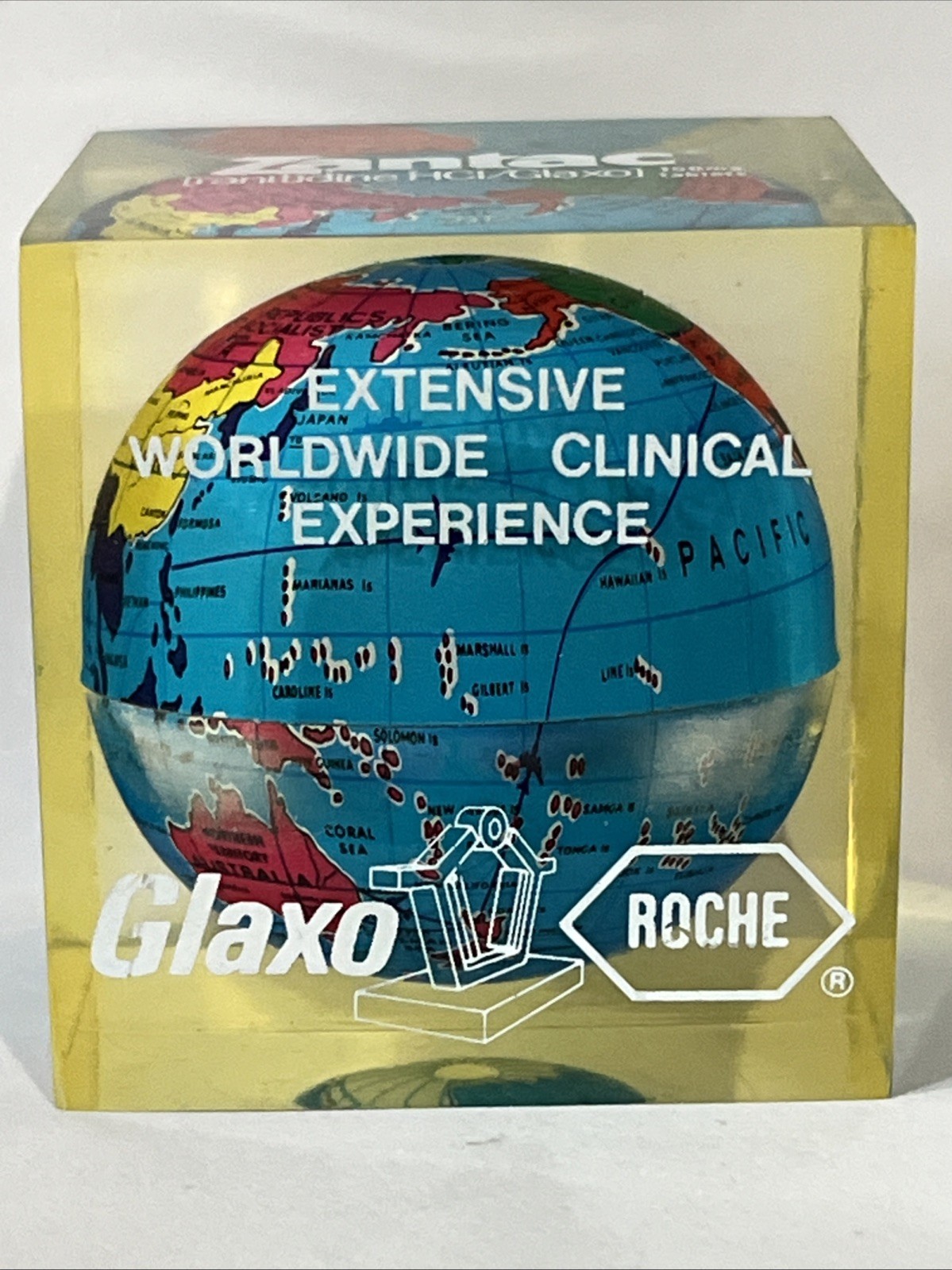 Vintage Zantac Glaxo Roche Pharmaceutical Acrylic Globe Paperweight 2” Square