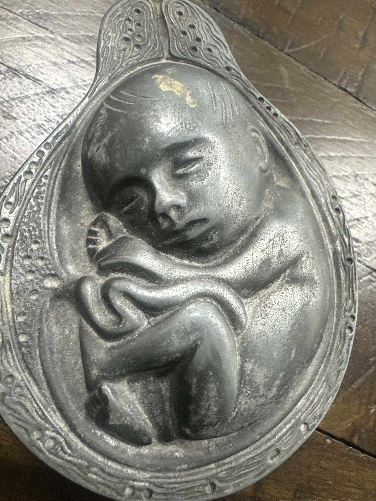 2 Parke-Davis TABRON 1950s Vintage Pharmaceutical Pewter Fetus Paperweight VGC