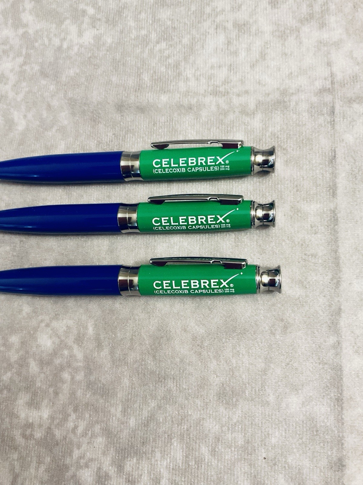 CELEBREX PHARMACEUTICAL REP PENS METAL GREEN BLUE GRIPS CHROME CLIP LOT OF 3