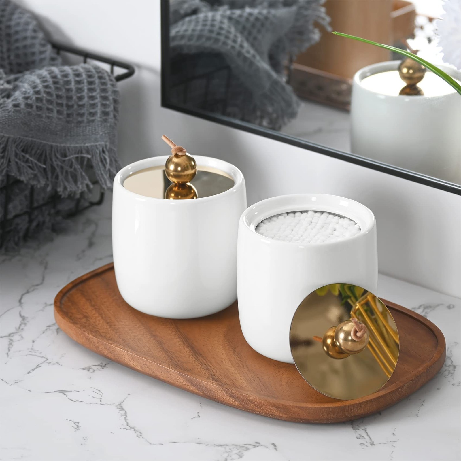 2 Pack Ceramic Qtip Holder Dispenser with Gold Lids, White Apothecary Jars Ba…