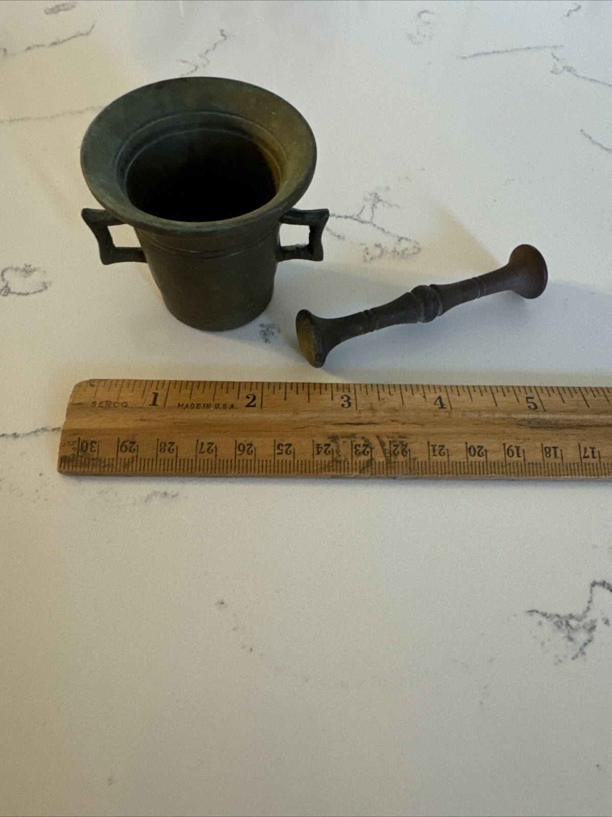 Antique Small Brass Mortar & Pestle Mortar has 2 square handles