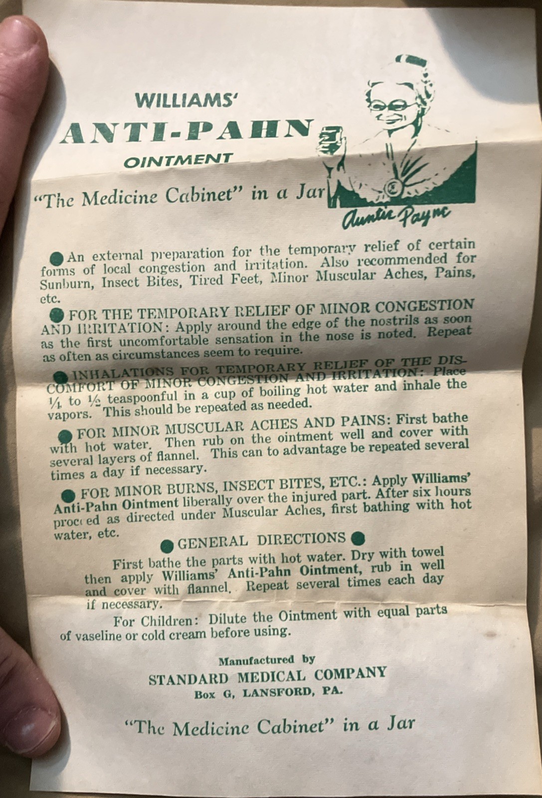 Vintage Williams’ Anti-Pahn Ointment In Original Box With Paper Insert Full Jar