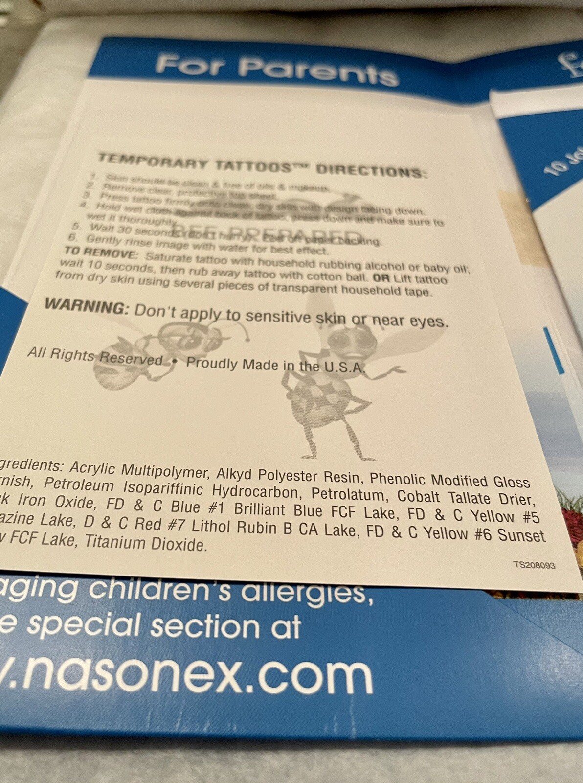 NASONEX 2005 Pharma ” BEE PREPARED: Info & Fun Stuff ” Packet-child allergies