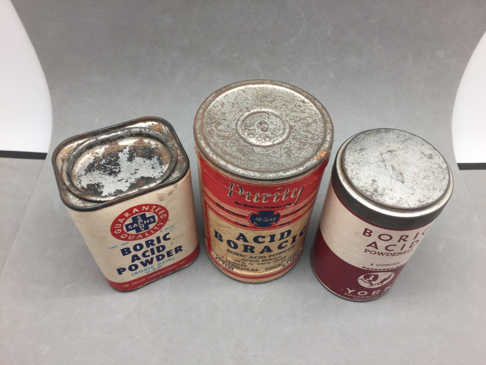 Vintage Boric Acid Box Can Lot 3 EMPTY Sachs, York, Continental Drug Alton IL
