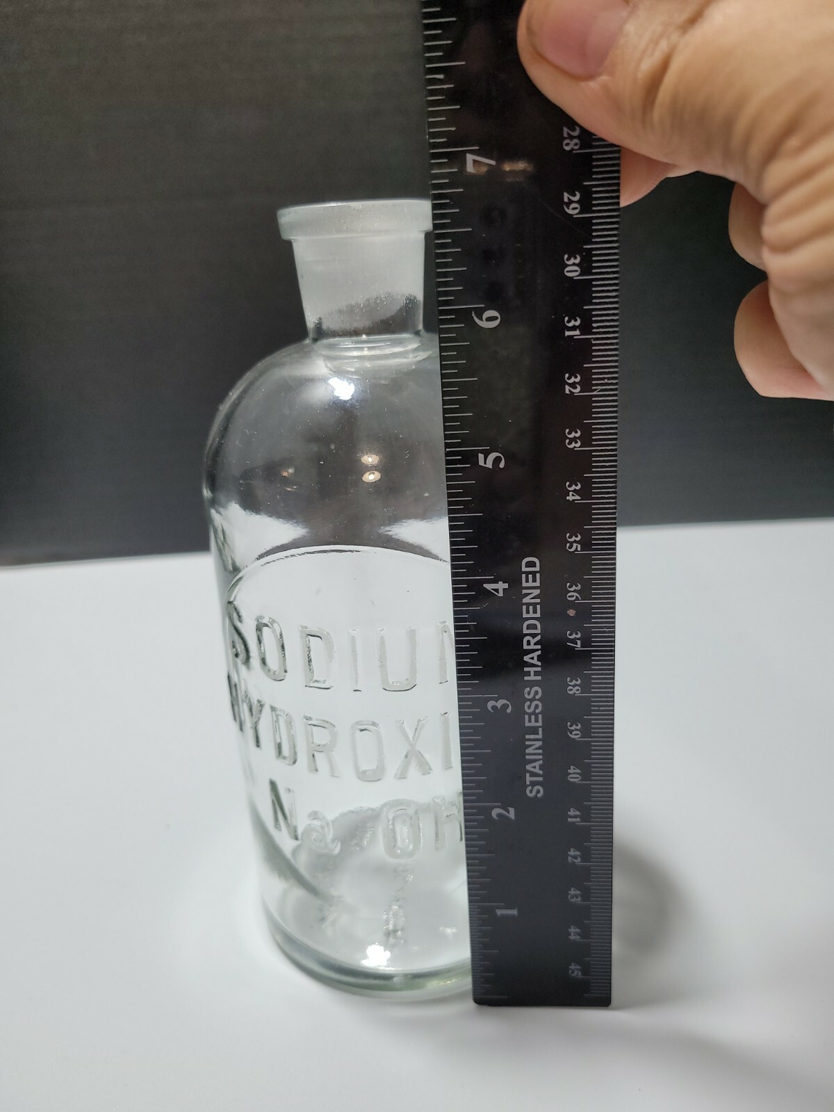 Wheaton No Sol Vit 5 Glass Bottle Embossed Sodium Hydroxide NaOH USA 6.75″ VTG