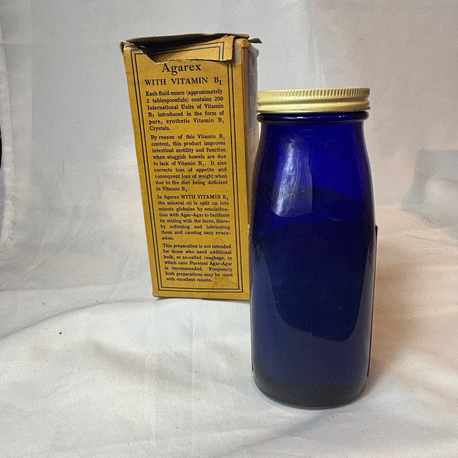 Vtg Agarex W/ Vitamin B1 16oz Cobalt Blue Bottle In Box Rexall Drug Stores
