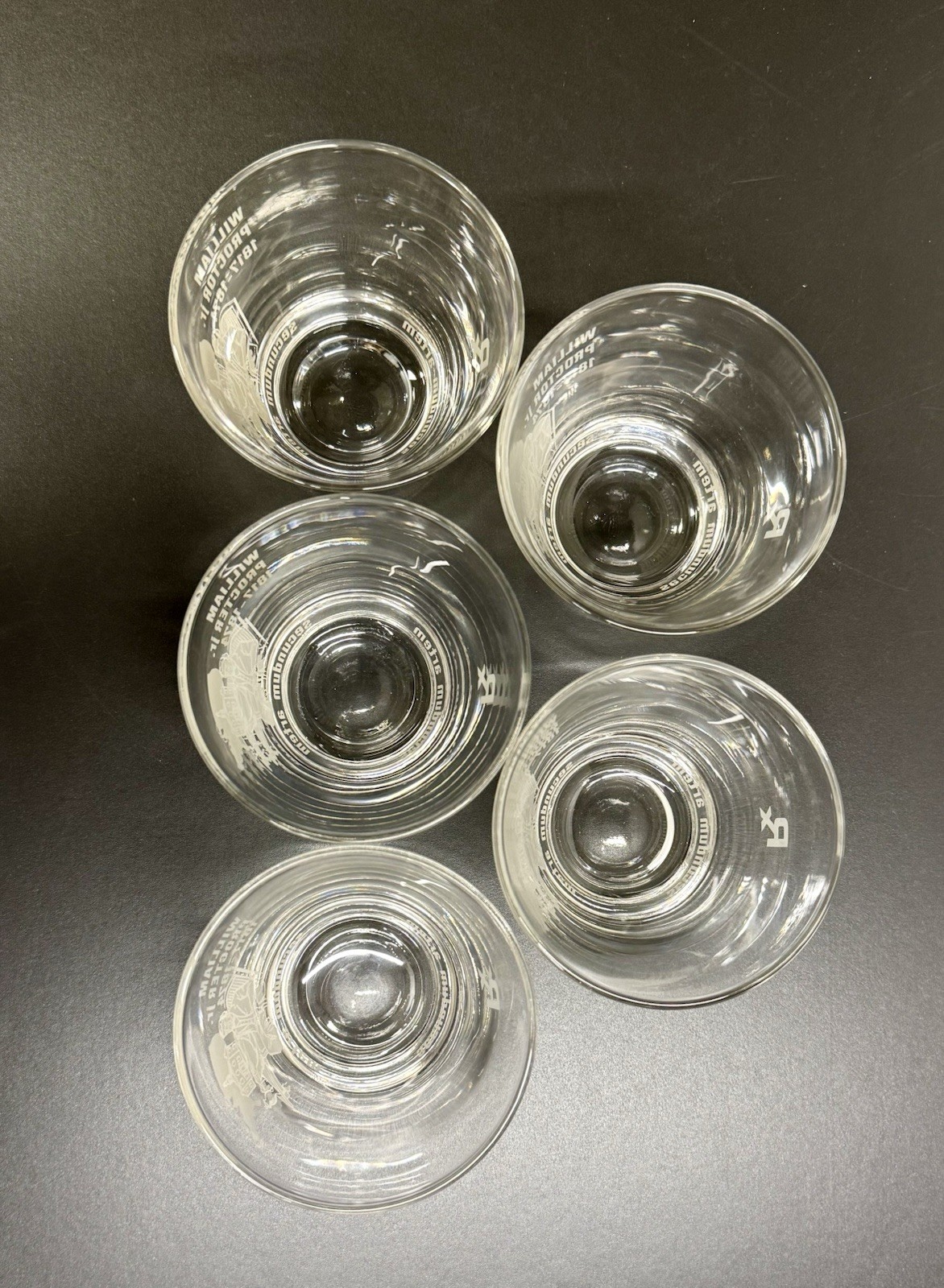 Set Of 5 Vtg William Proctor Jr RX Pharmacist Secundum Artem 6oz Etched Glass