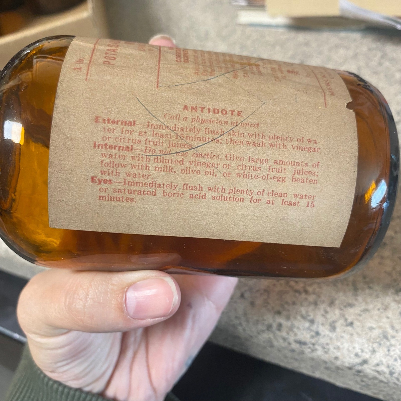 Vintage Merck Potassium Hydroxide Amber Glass Jar Poison Label 1lb Dark Academia