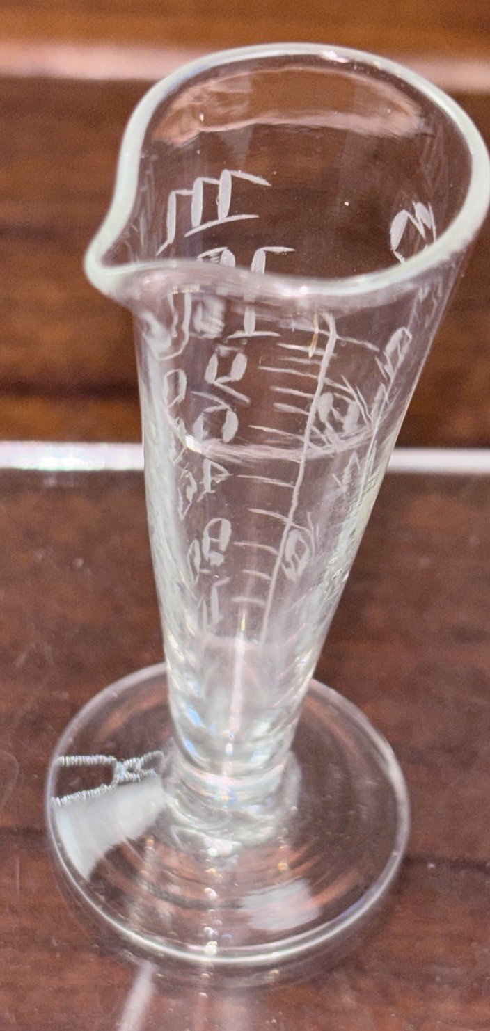 Victorian Glass Apothecary Measuring Beaker with Etched Markings Glass Spoon