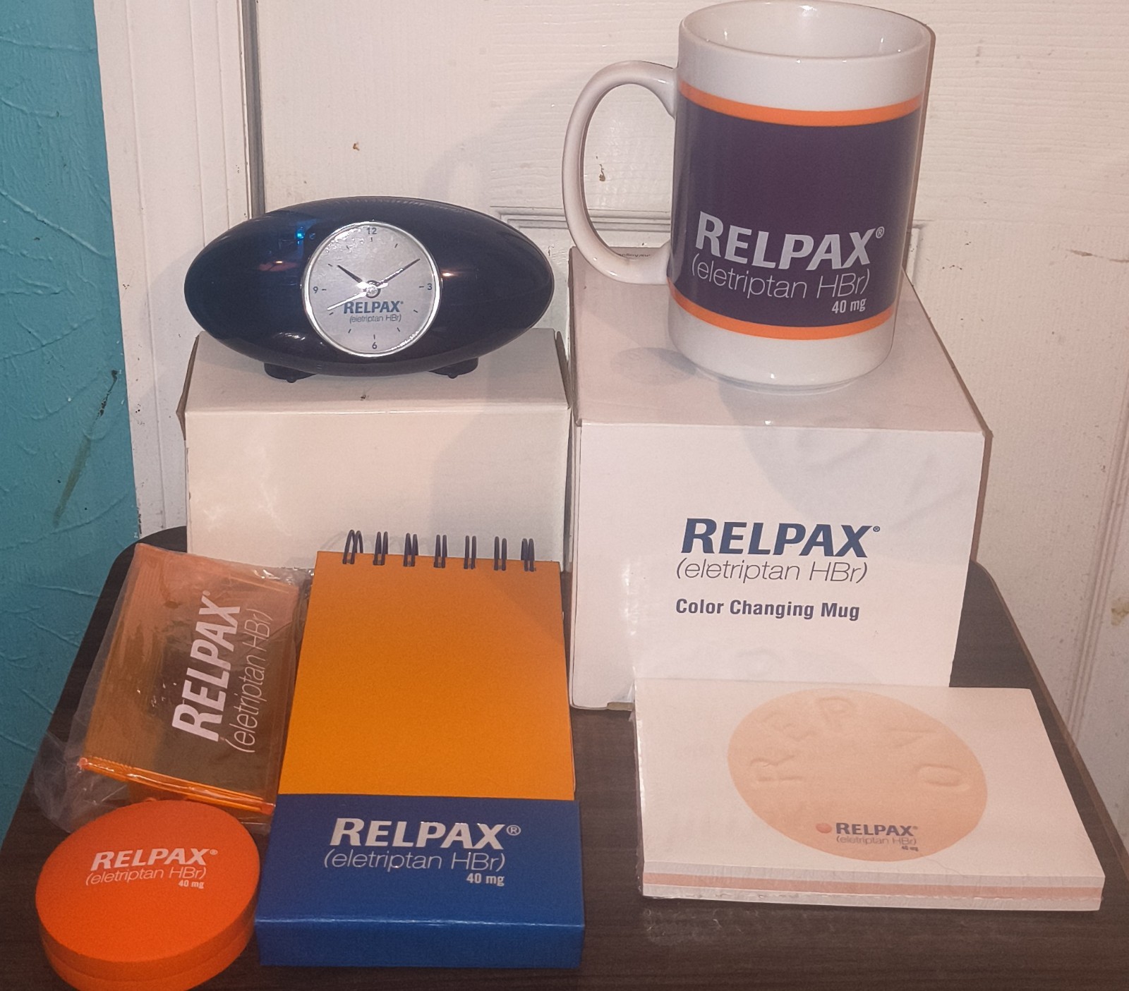 Pharmaceutical Drug Rep RELPAX LOT OF 6 Color Changing Mug, Notepad, Clock, Clip