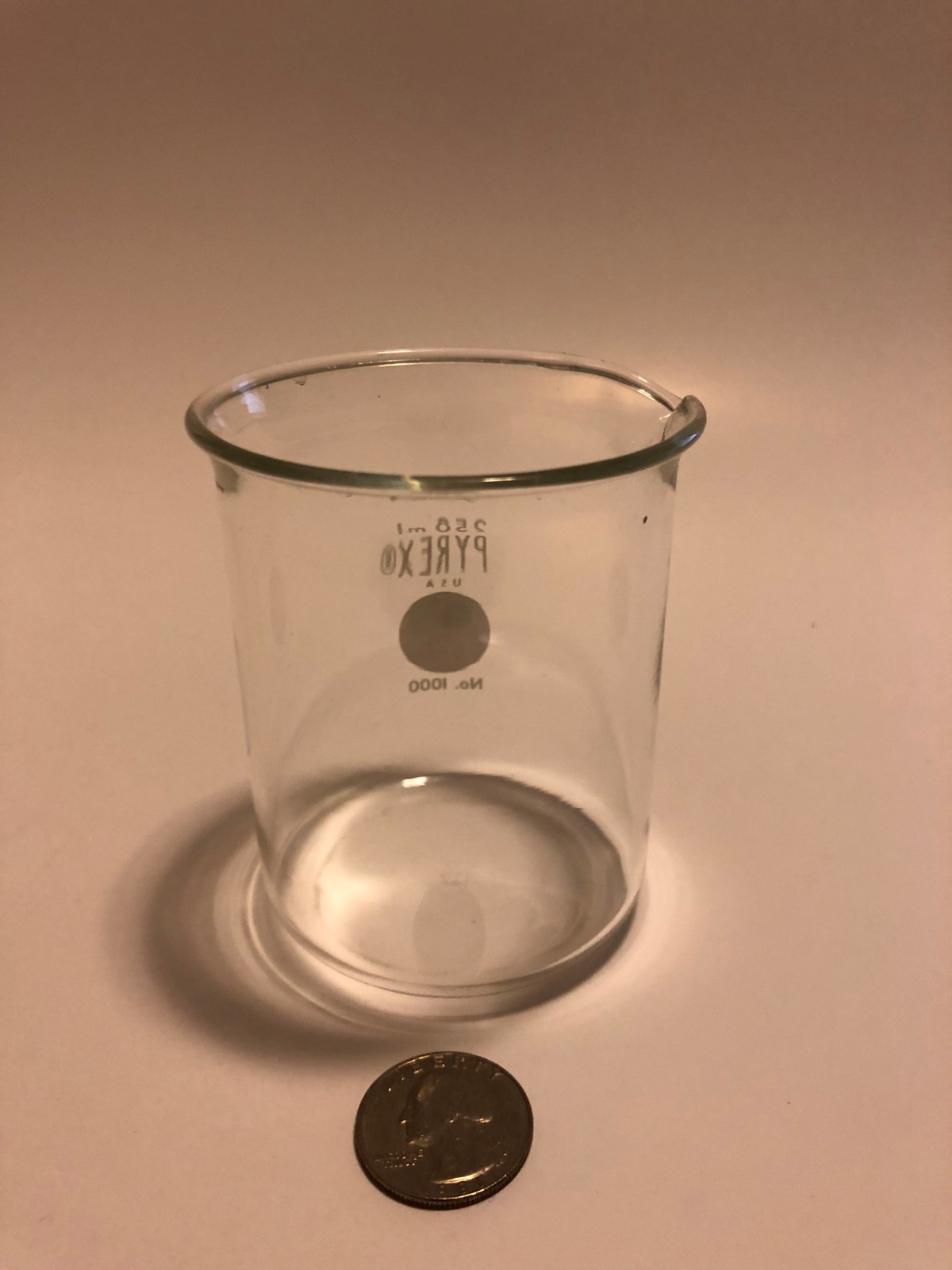 Pyrex Glass Beaker, 250 ml, 2-5/8-inch outside diameter, used.