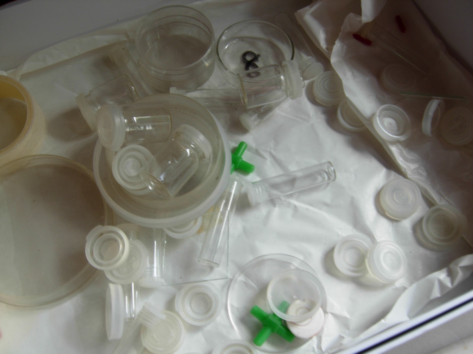Collection interestesting scientific glassware dishes, slides, tubes