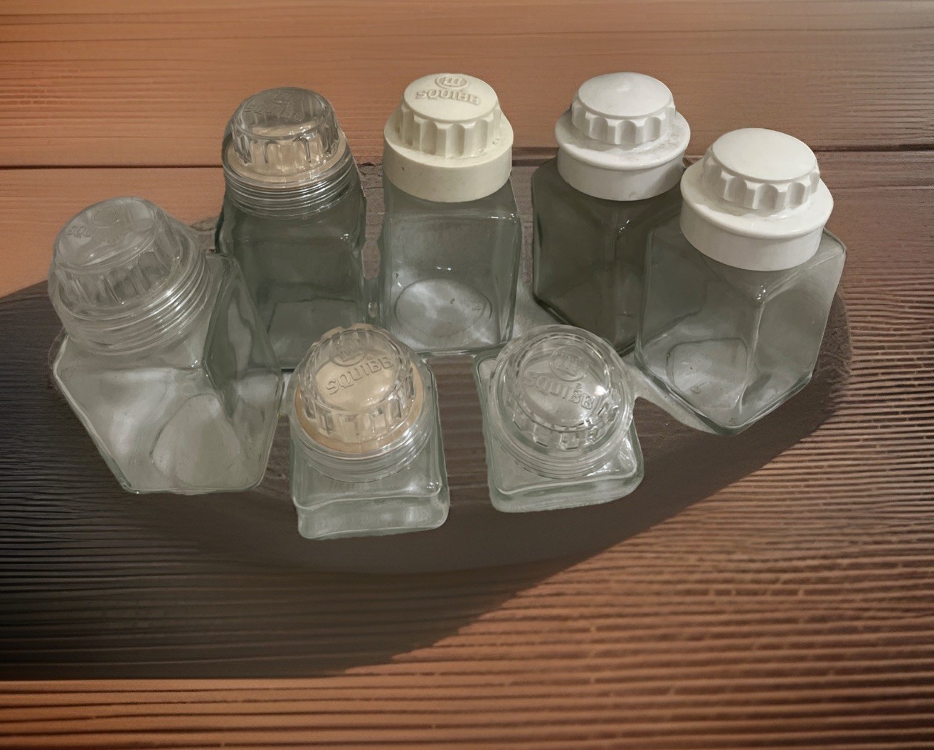 SQUIBB Pharmaceutical Vintage Square Medicinal Apothecary Clear Glass Bottle 7PC