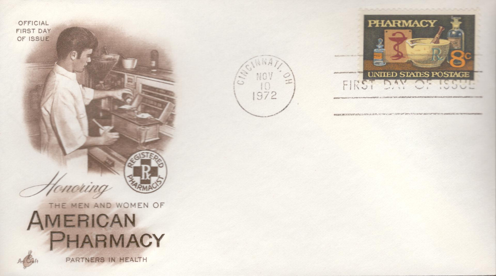 1972 First Day Cover – honoring Pharmacy – Art Craft (brown)