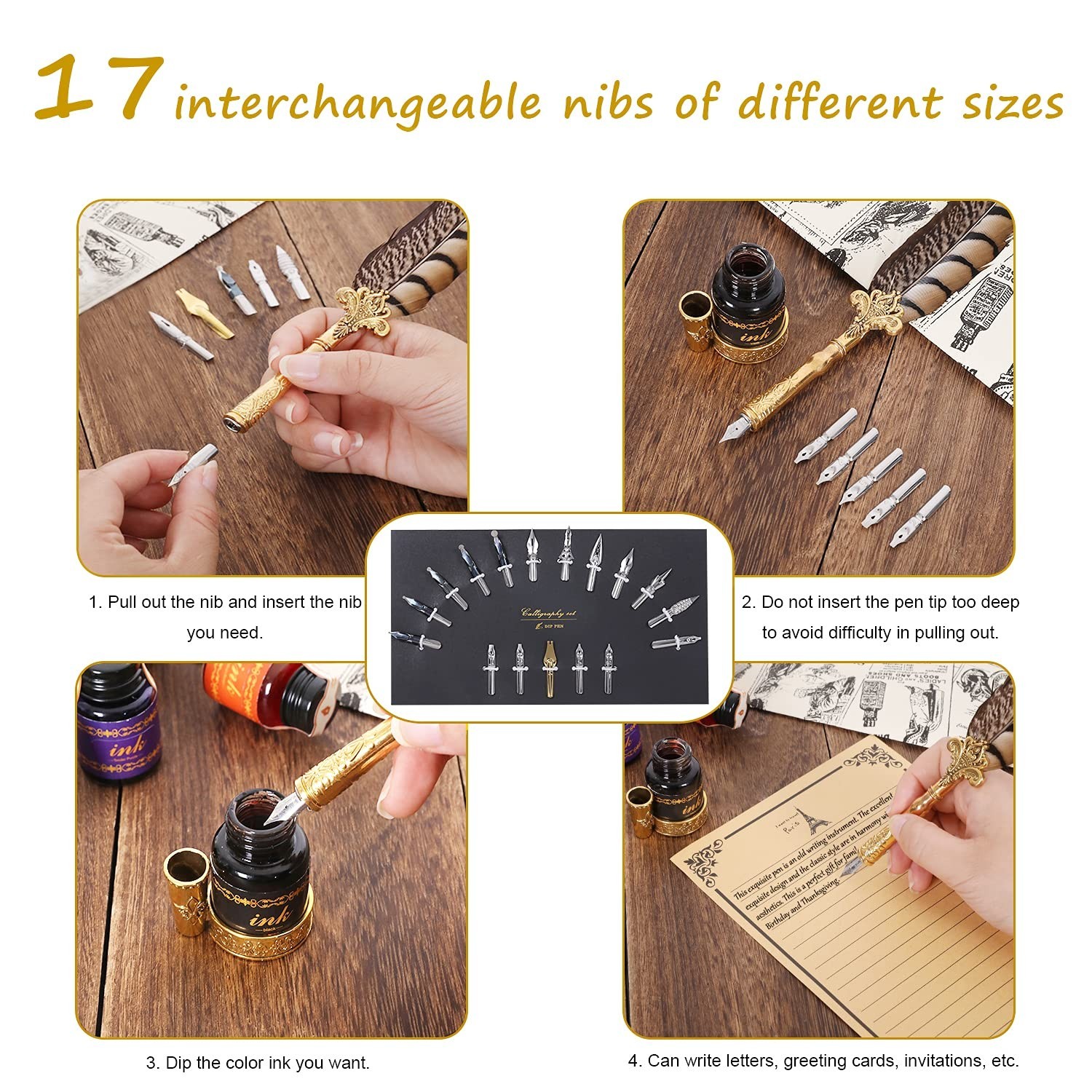NC Quill Pen Ink Set,includes quill pen,wooden And glass dip pen,6 bottles in…