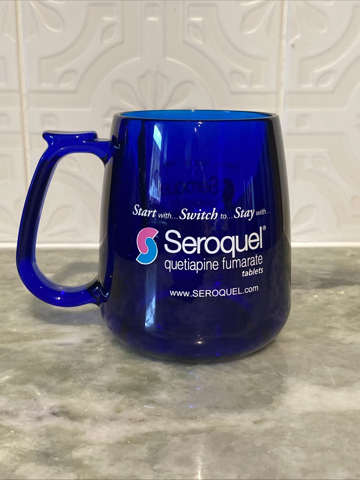 RARE Cobalt Blue Mug Seroquel Pharmaceutical Sales Rep Promotional Heavy Acrylic
