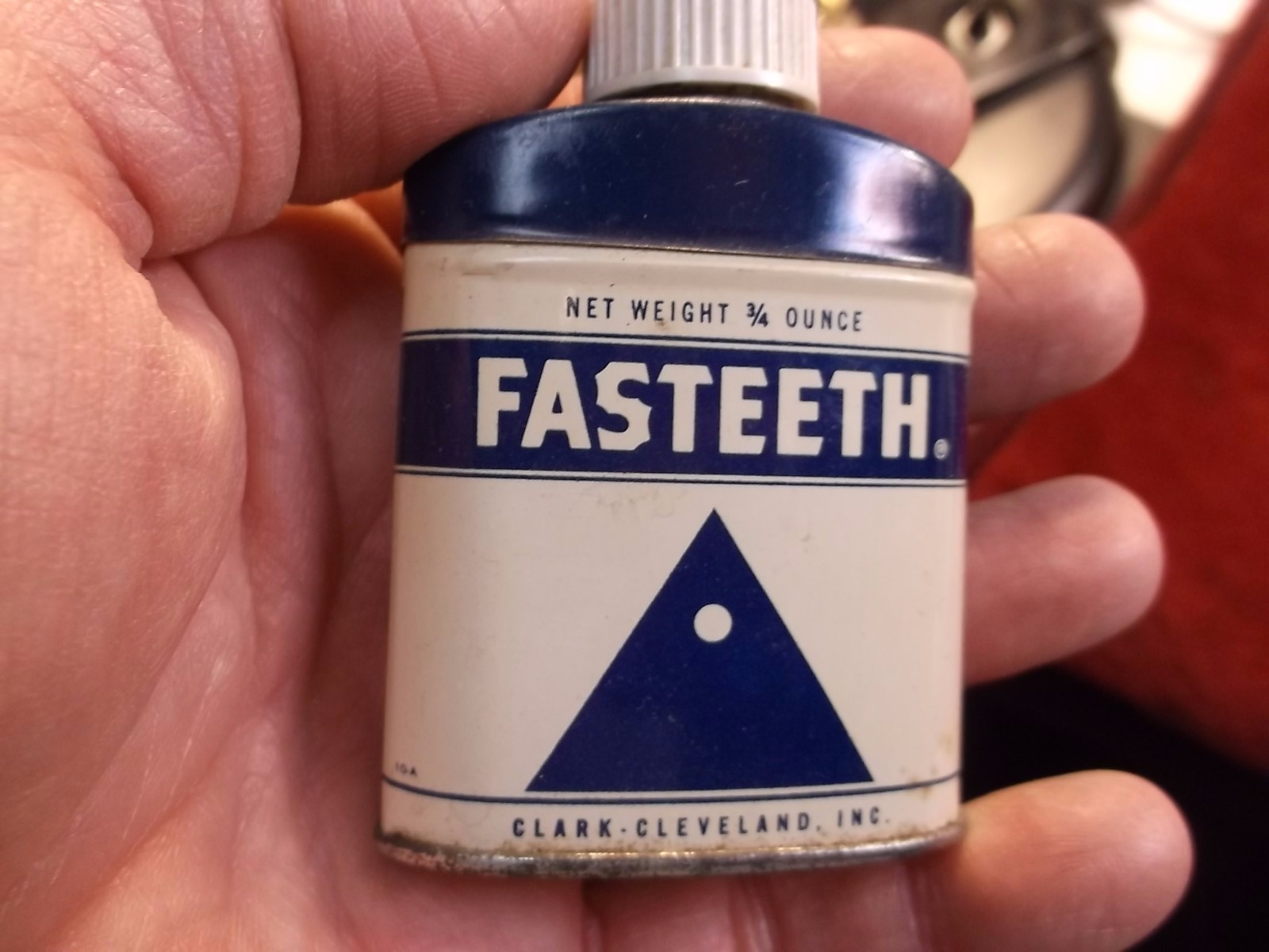 #4 of 4, NEAT OLD VTG ANTIQUE “FASTEETH” ALKALINE DENTURE POWDER TIN, & CONTENTS
