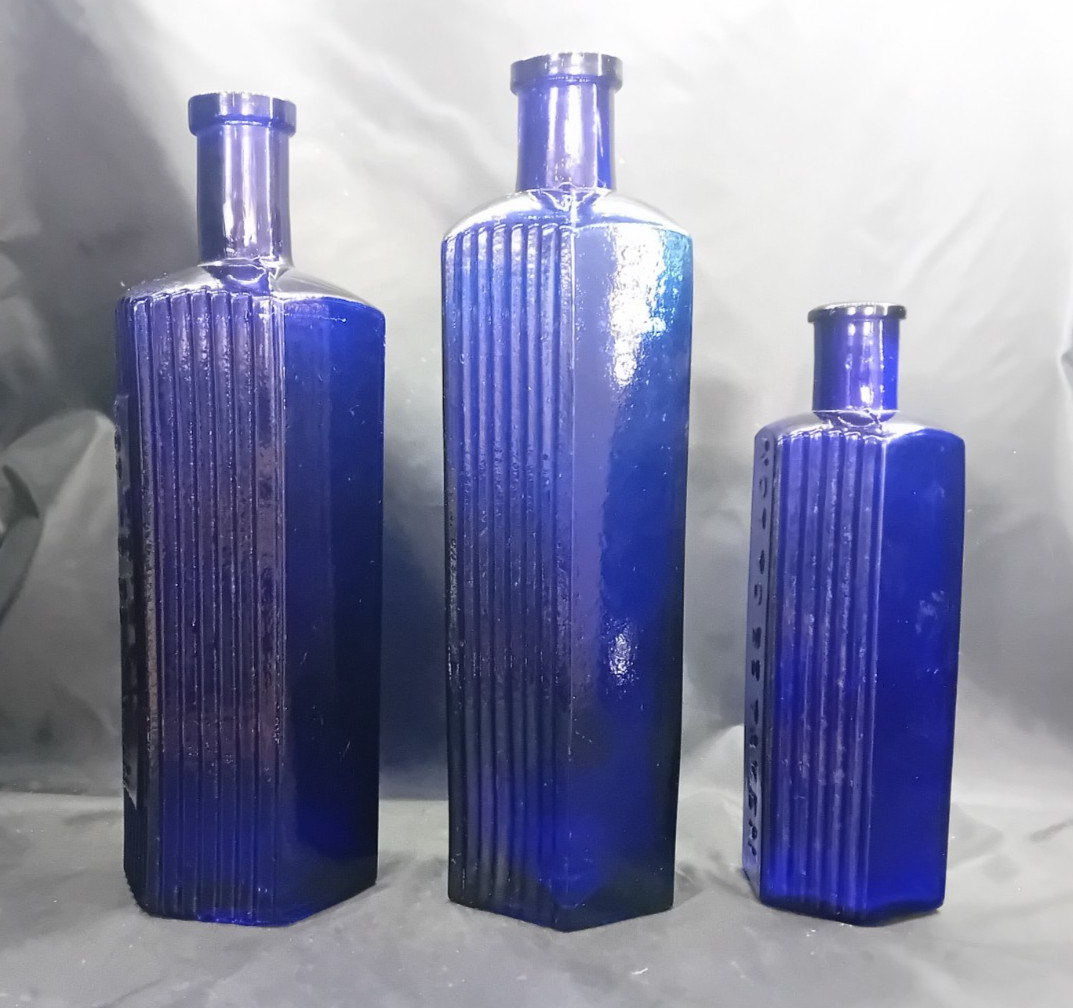 3 Antique Vintage Cobalt Blue Glass Poison Chemist Pharmacy Bottles 2 x 20oz