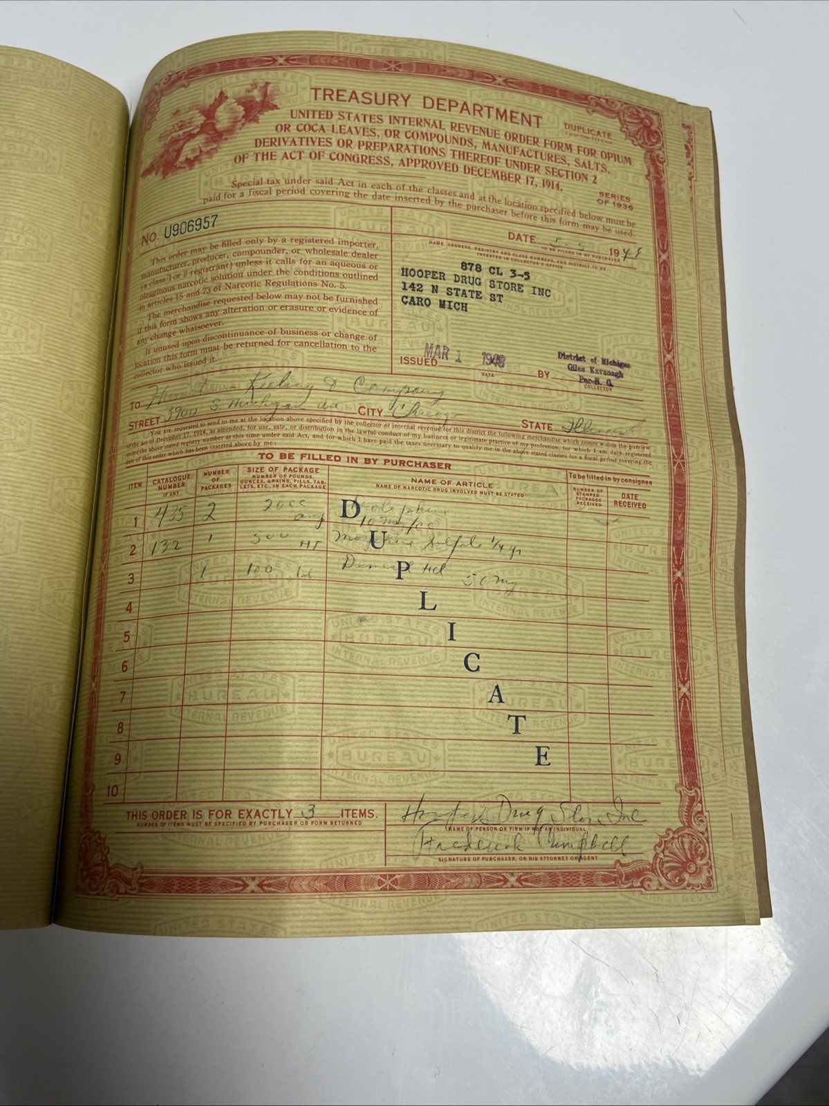1930s-40s IRS Order Form For Opium/Coca Leaves Book Michigan Oddity