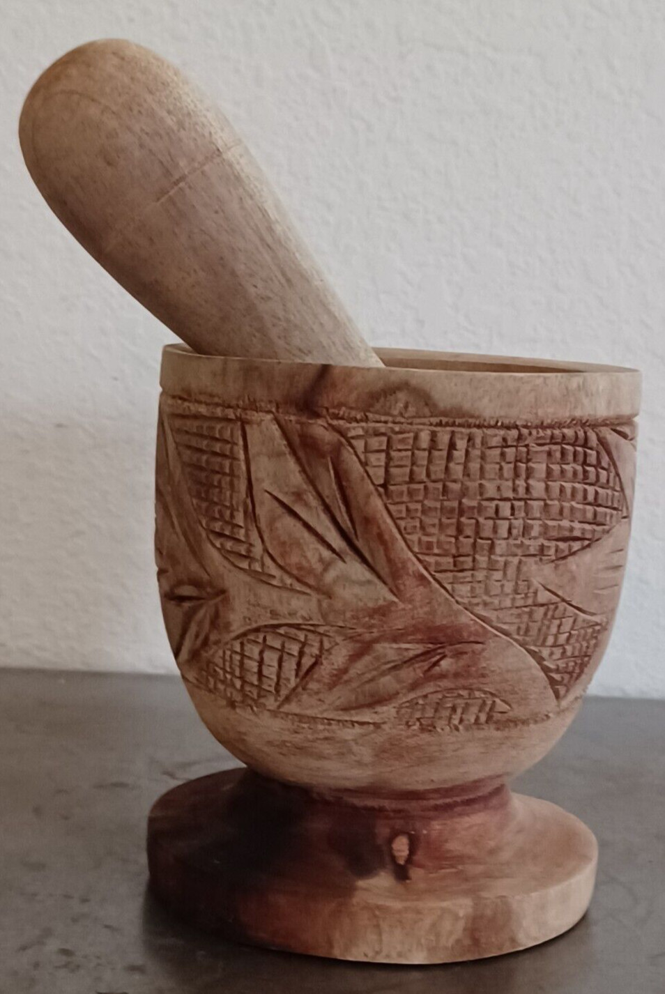Hand Carved Wood Footed Mortar And Pestle Apothecary Grinder 4.5″ Tall Vintage