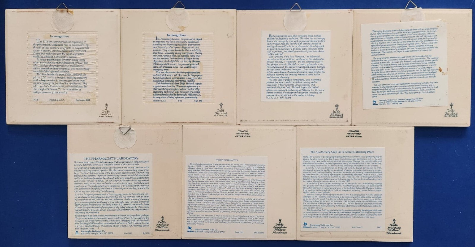 Rare LOT OF 7 Vintage BLUE DELFT Holland Pharmacy Apothecary Wall Tiles