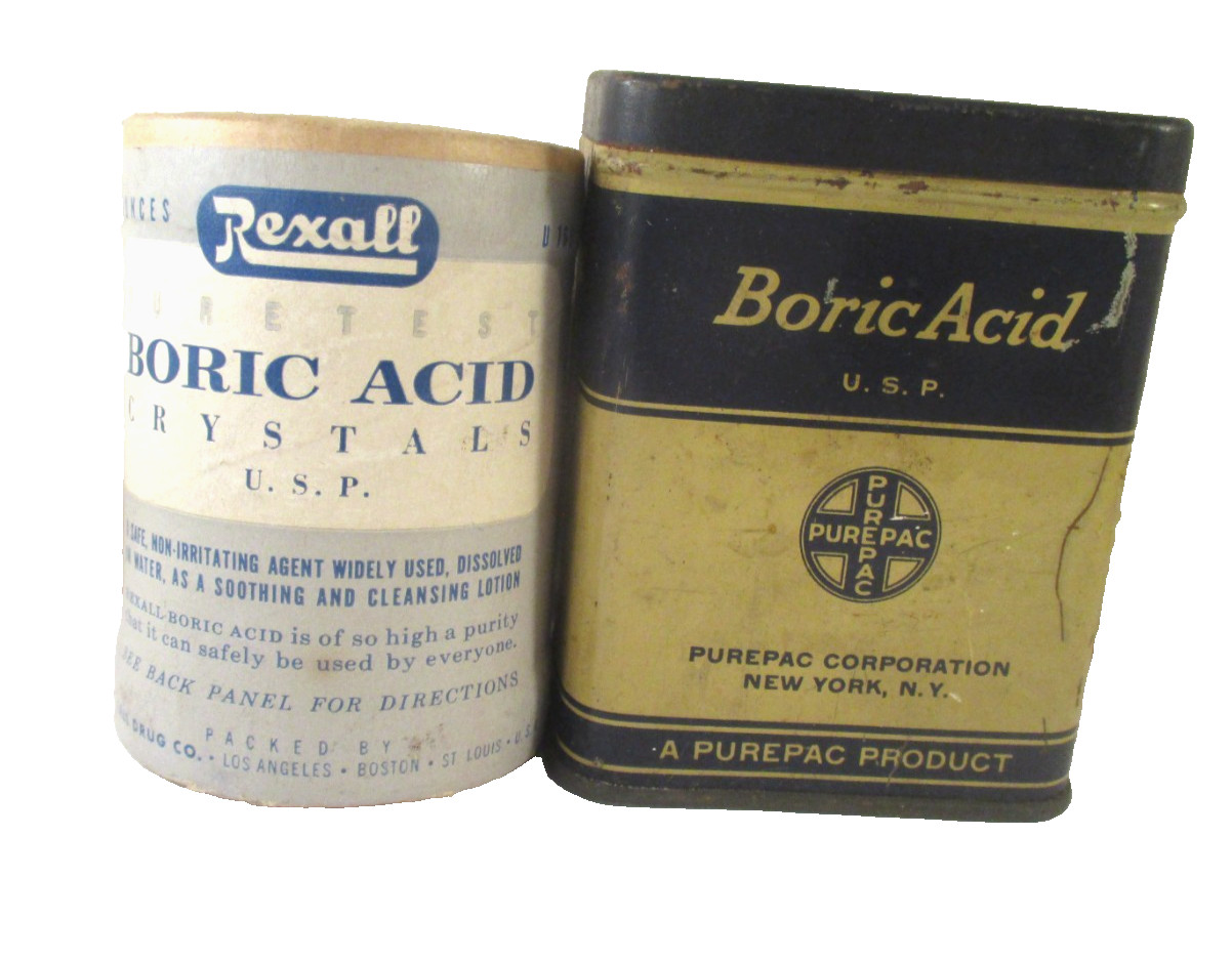 Vtg BORIC ACID PUREPAC TIN w/PARTIAL CONTENTS& REXALL SEALED CARDBOARD CONTAINER