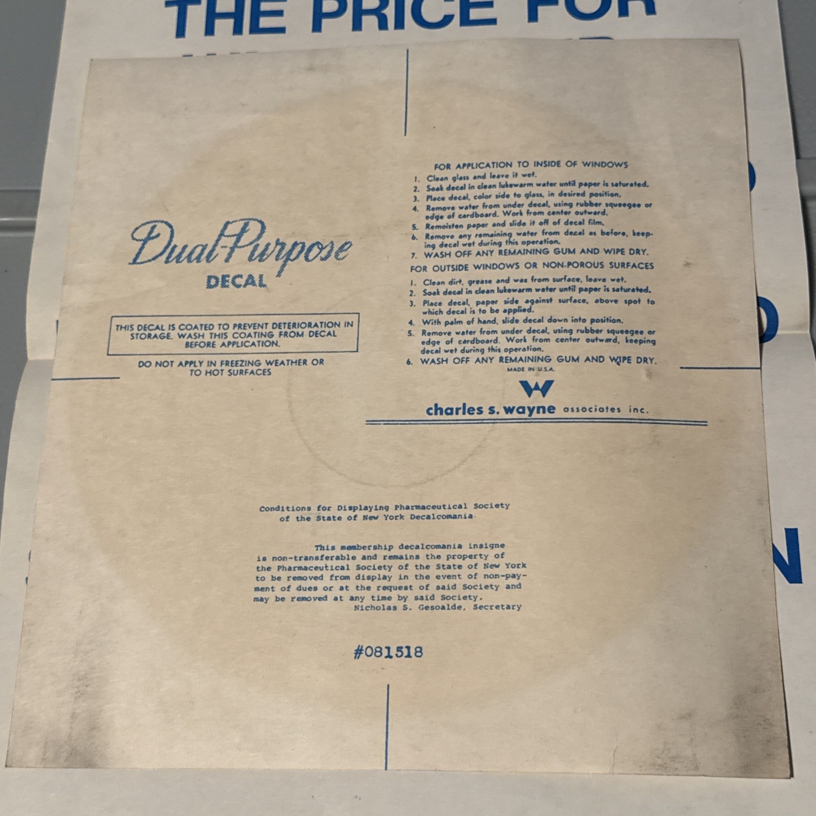 1973 Pharmaceutical Society Of New York Sticker (Decal) / Paperwork