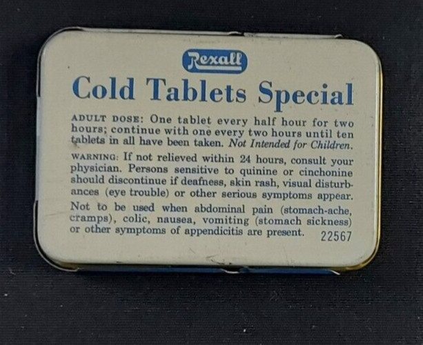 Old EMPTY Advertising Medicine Tin Rexall Cold Tablets Special Rexall Drug Co