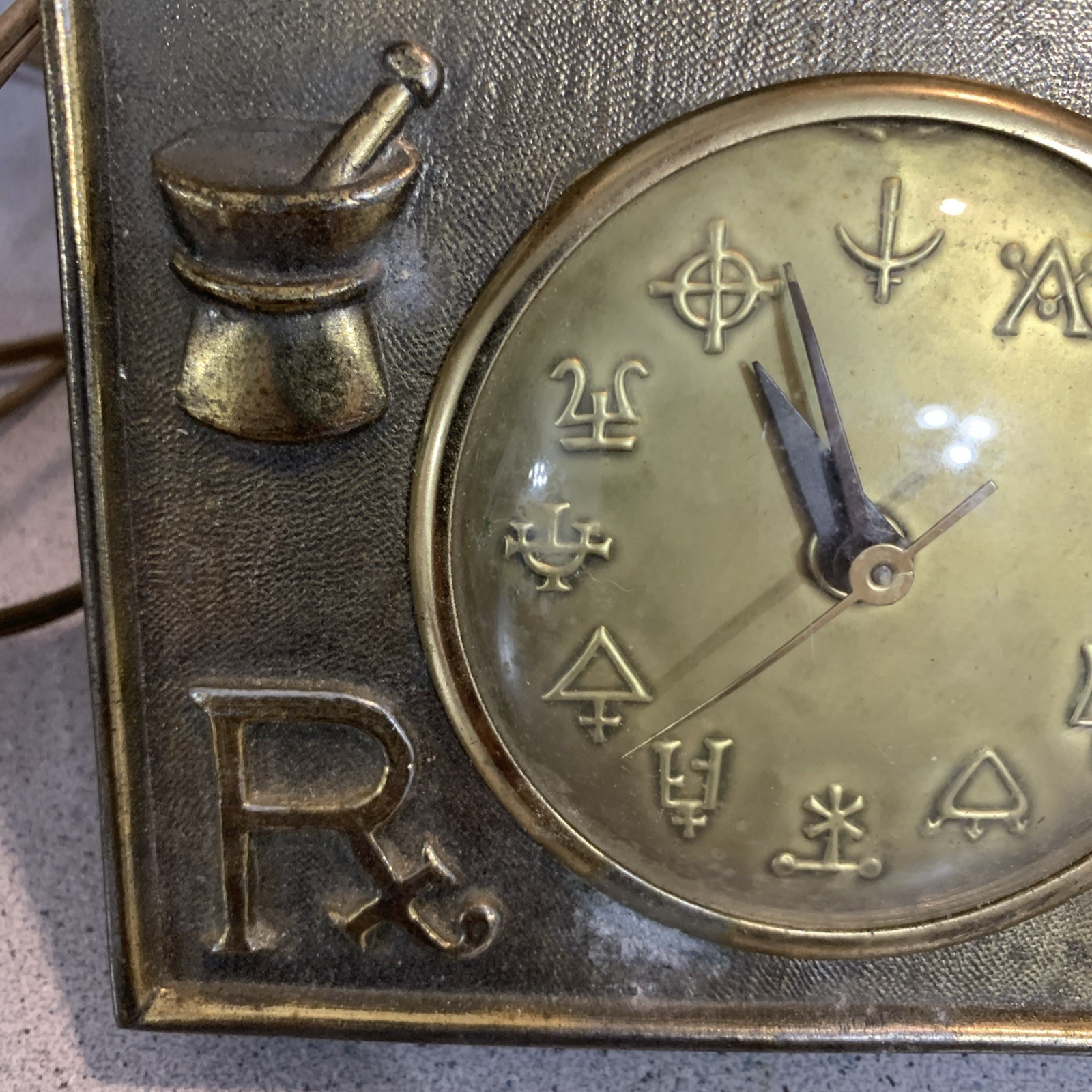 Vintage APOTHECARY RX Alchemy Symbols Metal Electric CLOCK WORKS! Rare GERMANY