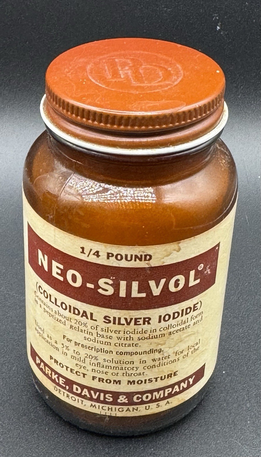 Rare NEO-SILVER Parke Davis & Company Amber Medicine 4” Bottle