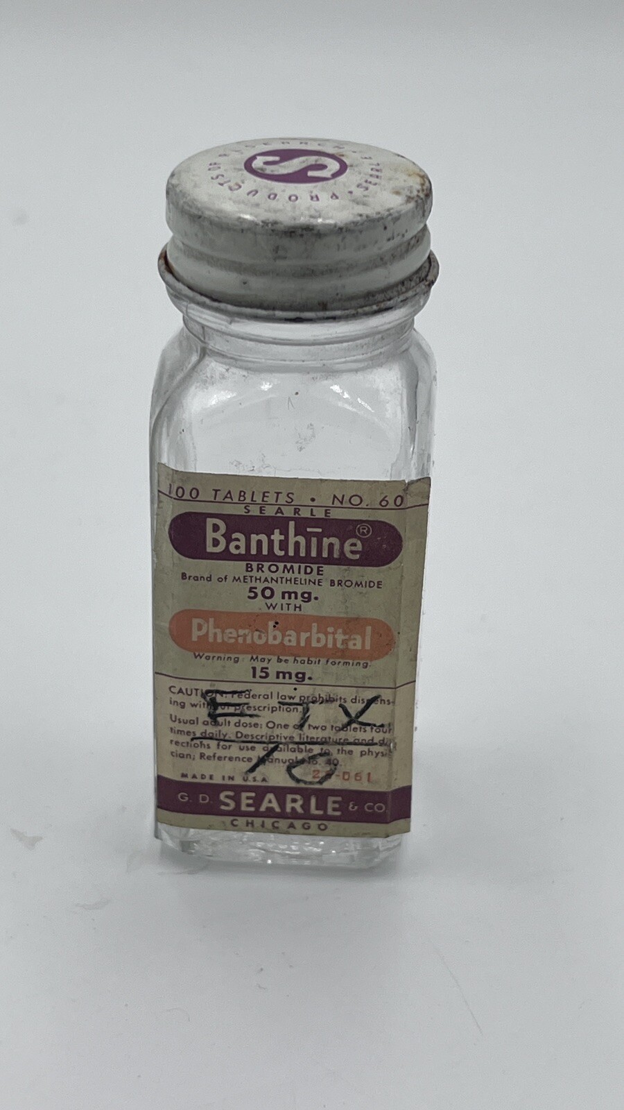 c1950s 100 tablets No.60 Banthine Bromide Searle Co. Bottle ,EMPTY