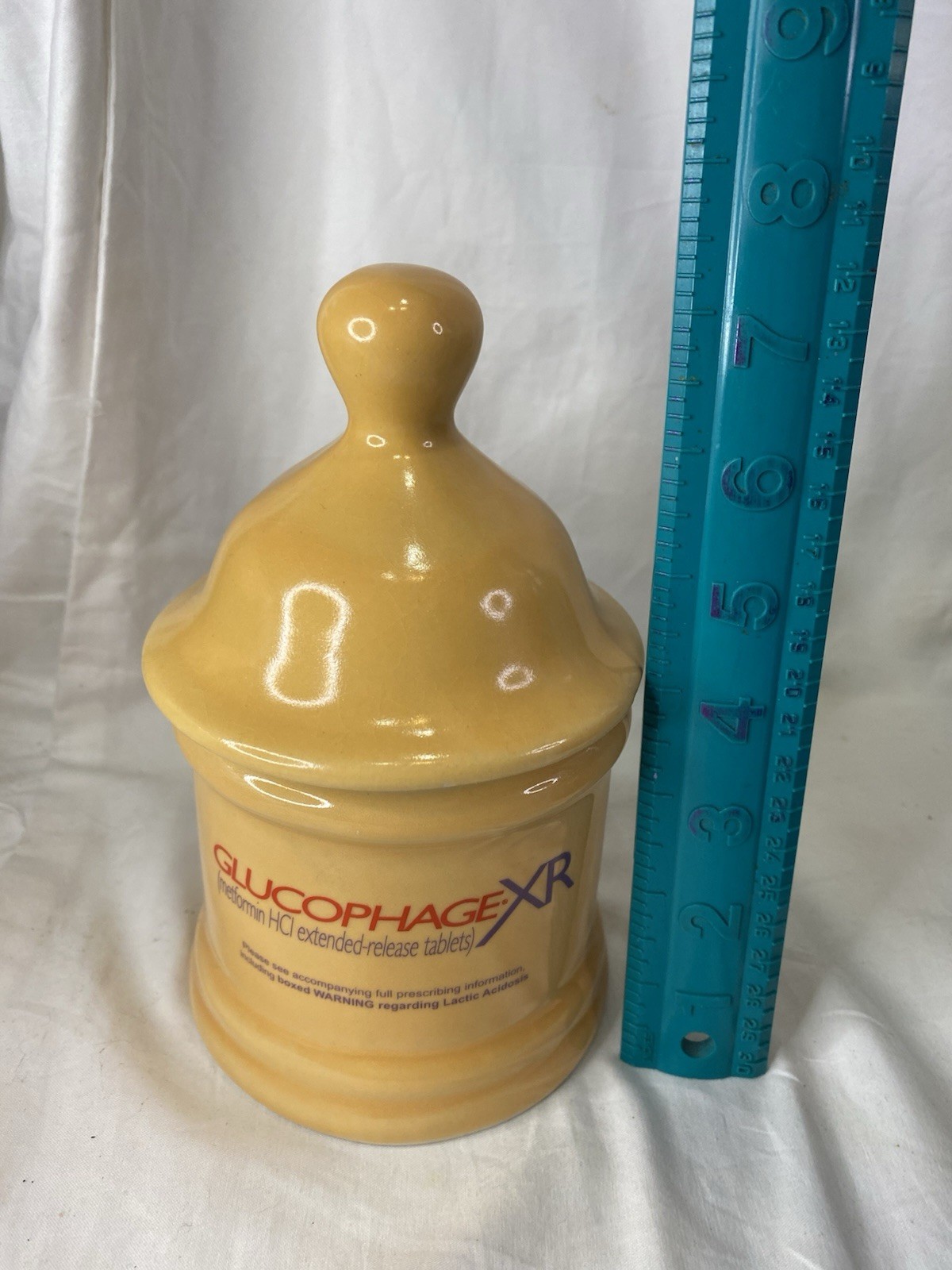 Vtg GLUCOPHAGE XR Pharmaceutical Advertisement Yellow Lidded Urn Apothecary Jar