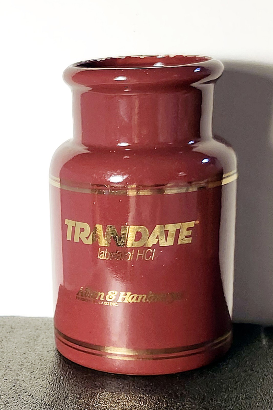 Vintage Pharmaceutical Advertisement Container “TRANDATE” – Glaxo- Burgundy Gold